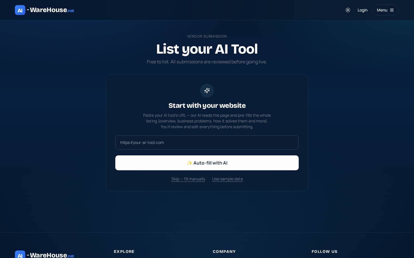 Start at Add AI Tool — paste your product URL